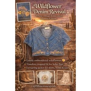 WILDFLOWER Vintage Denim REVIVAL Cropped Jacket  BOHO FLAIR Embroidered Boho 2XL